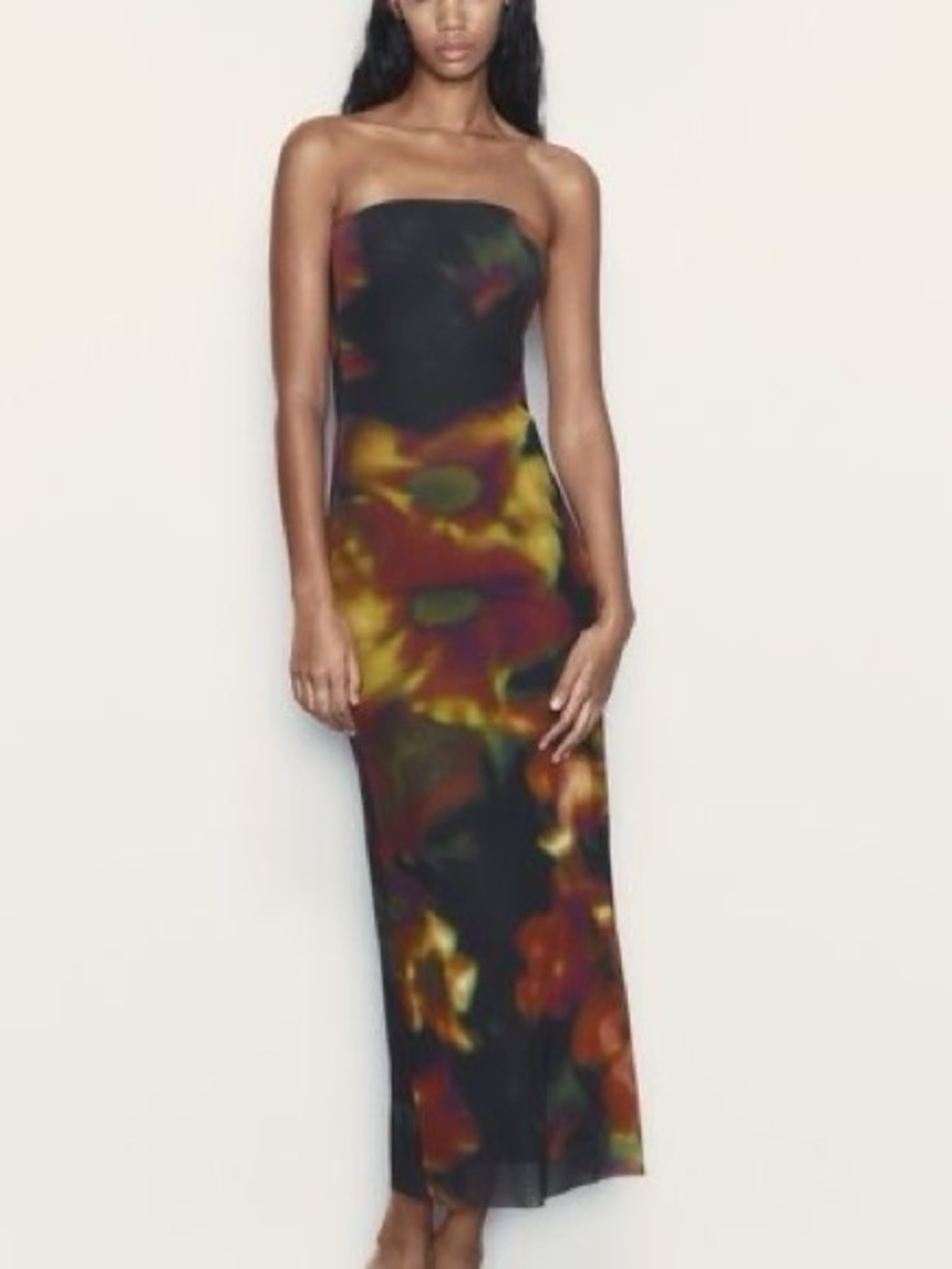 Zara Strapless Floral Maxi Dress in Black, Red & Yellow